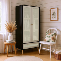 GOMYHOME Accent Cabinet with Rattan Doors & Drawer, Modern Storage Armoire for Living Room, Bedroom, Natural Wood Finish