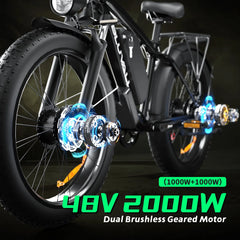 Electric Bike for Adults, 2000W 26'Fat Tire Electric Bike, 35MPH AWD Dual Motor Electric Bicycles, 48V 22.4AH Battery Fast Ebikes Dual Hydraulic Brakes UL 2849