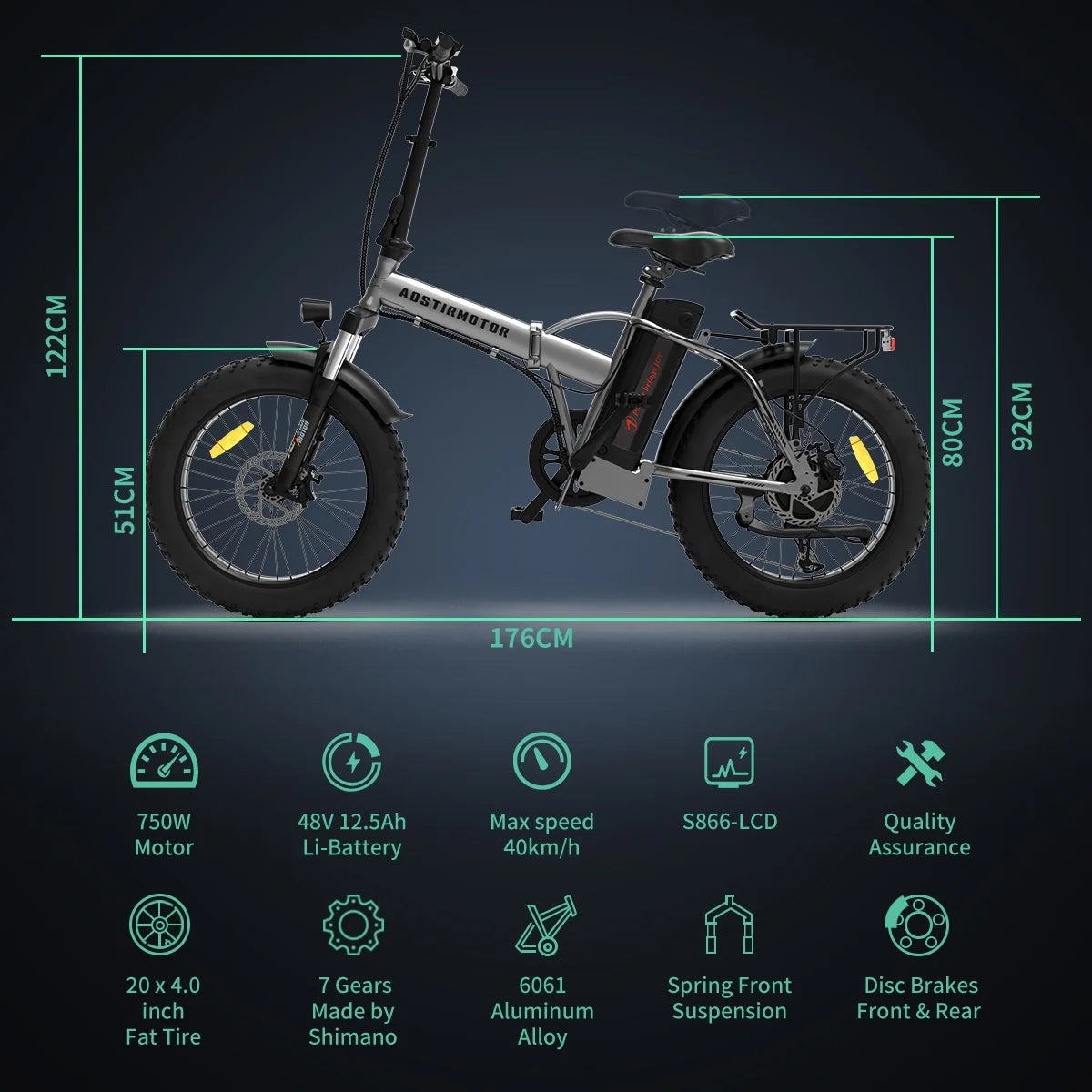 Aostirmotor Folding Electric Bike 20 in Fat Tire, with 750W Motor, 48V 12.5AH Removable Lithium Battery, Ebikes for Adults UL2849