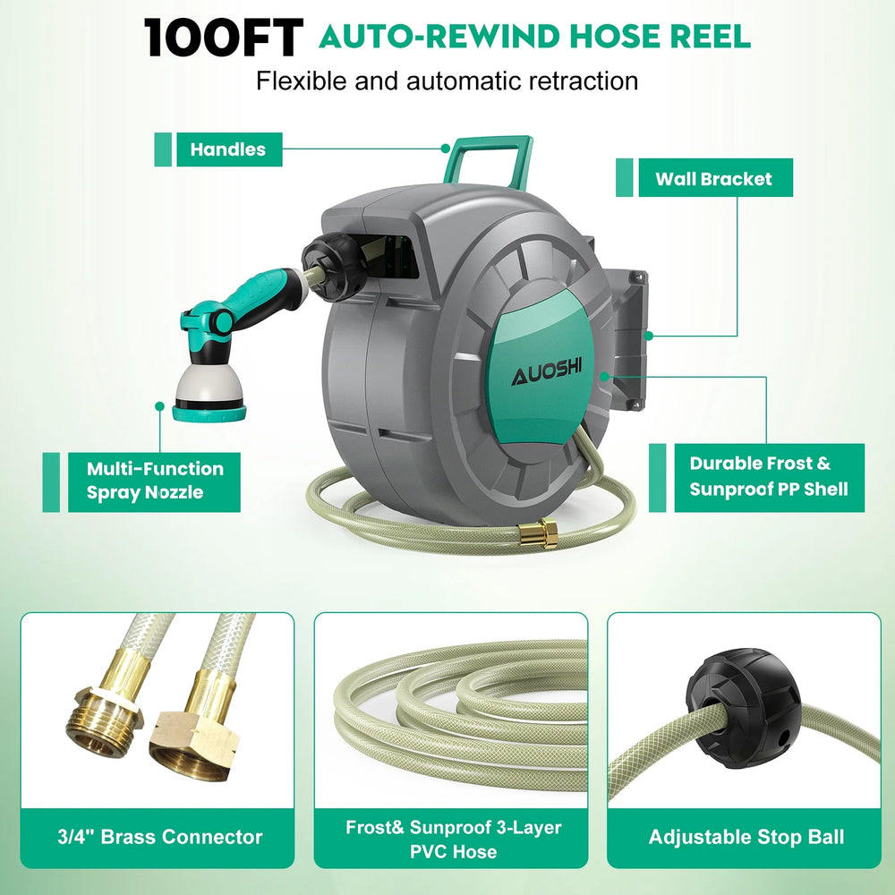 AUOSHI Retractable Garden Hose Reel 1/2" 100ft Automatic Hose Reel with 10 Function Sprayer Nozzle Wall Mount 180 Deg Swivel Bracket Hose Reel