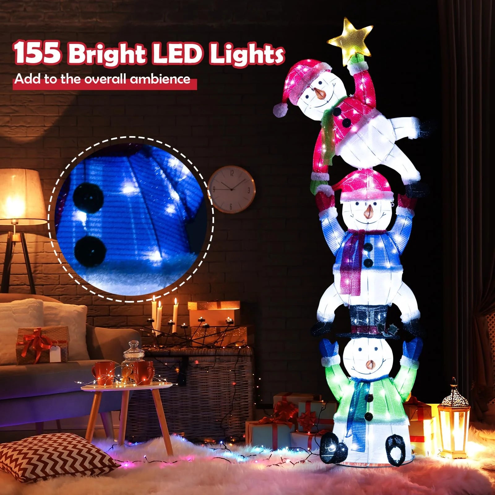 Tangkula 6 FT Lighted Christmas Stacked Snowman Set, Light-up Christmas Decoration with 155 LED Lights