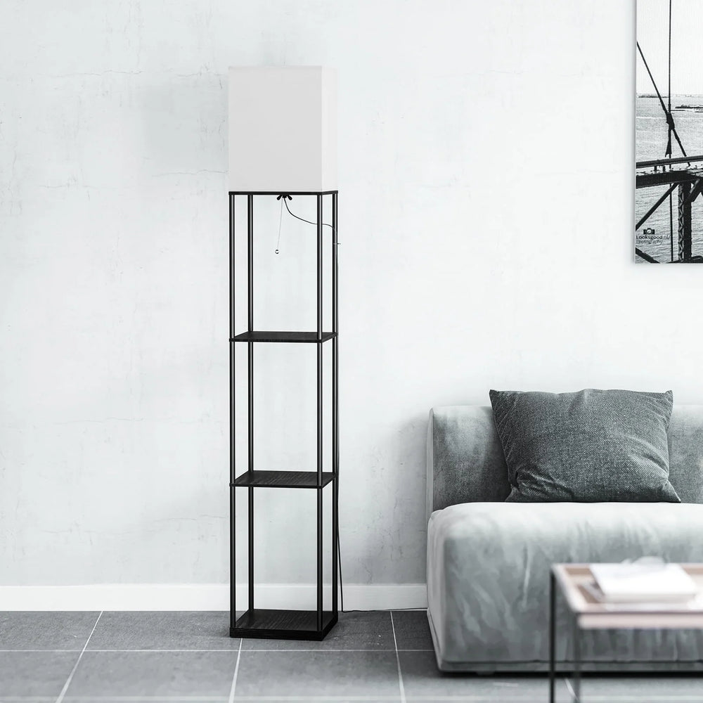 Modern Iron Shelf Floor Lamp with 3 Way Dimmable LED Bulb, Shelves and White Shade for Living Room and Bedroom(Black)