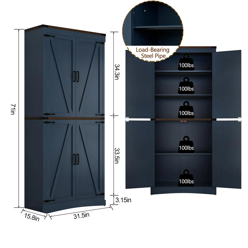 71" Tall Farmhouse Kitchen Pantry Cabinet, 5 Layers Storage Cabinet with Adjustable Shelves, Farmhouse Pantry Cabinet with 4 Barn Doors