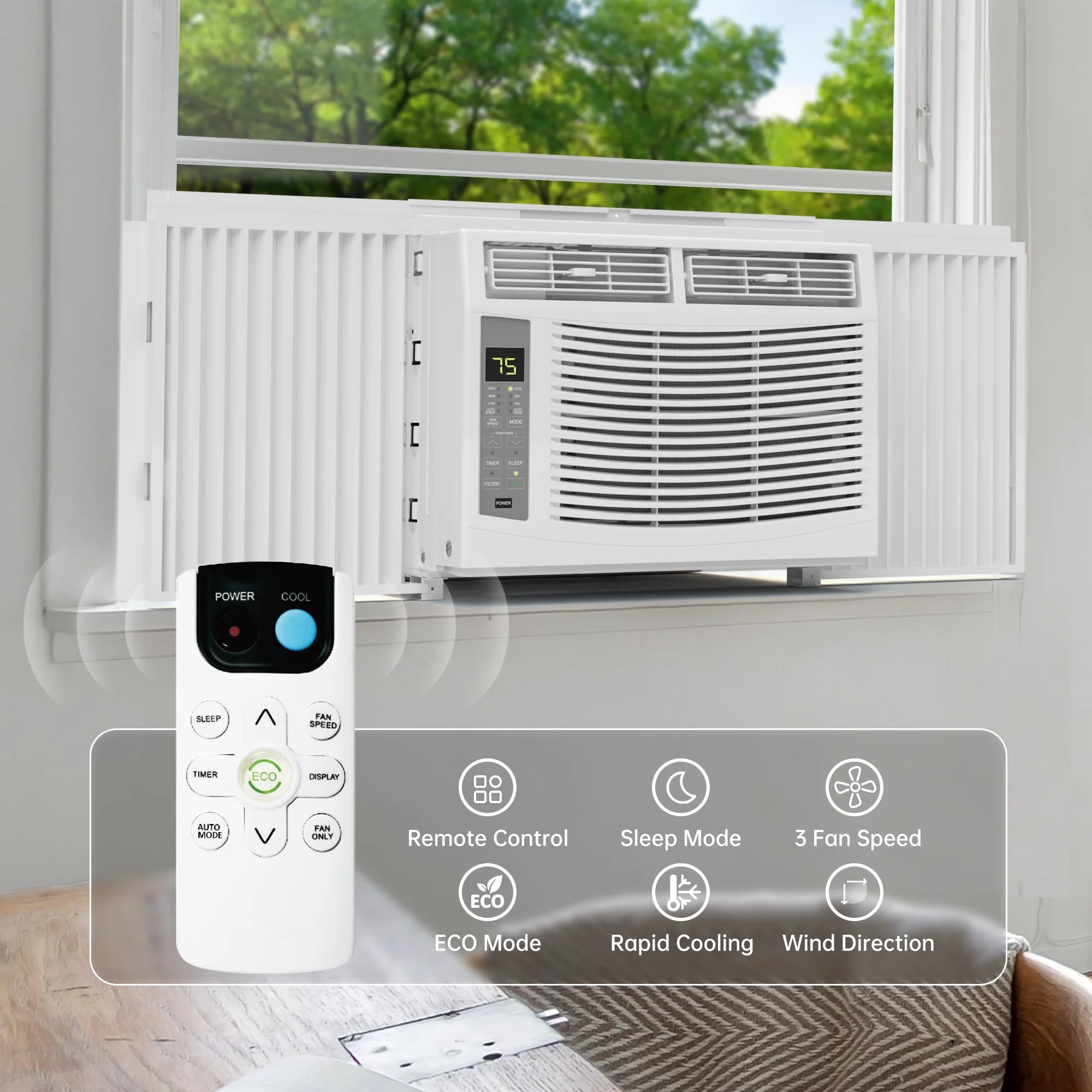 Window Air Conditioner 6000 BTU Cool to 250 Sq Ft Intelligent, LED, Remote Control, Easy to Clean Filter Screen, Can Be Used As a Dehumidifier/Fan
