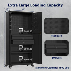 AECOJOY 71" Metal Garage Storage Cabinet with Drawers and Wheel