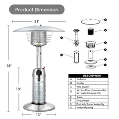 11,000 BTU Tabletop Propane Patio Heater, Portable Stainless Steel Outdoor Heater with Adjustable Flame & Tip - Over Protection
