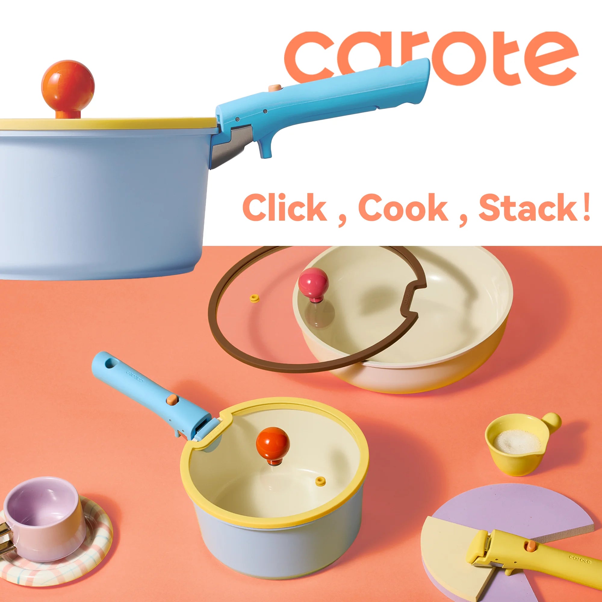 Carote 20 Pcs Ceramic Nonstick Cookware Set, Pots and Pans Set with Detachable Handles, Oven/Dishwasher Safe, Stackable Kitchen Cooking Set, Colorful