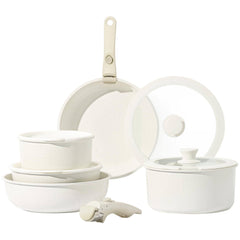 Carote 11pcs Pots and Pans Set, Nonstick Cookware Sets Detachable Handle, Induction RV Kitchen Set Removable Handle, Oven Safe, Cream White