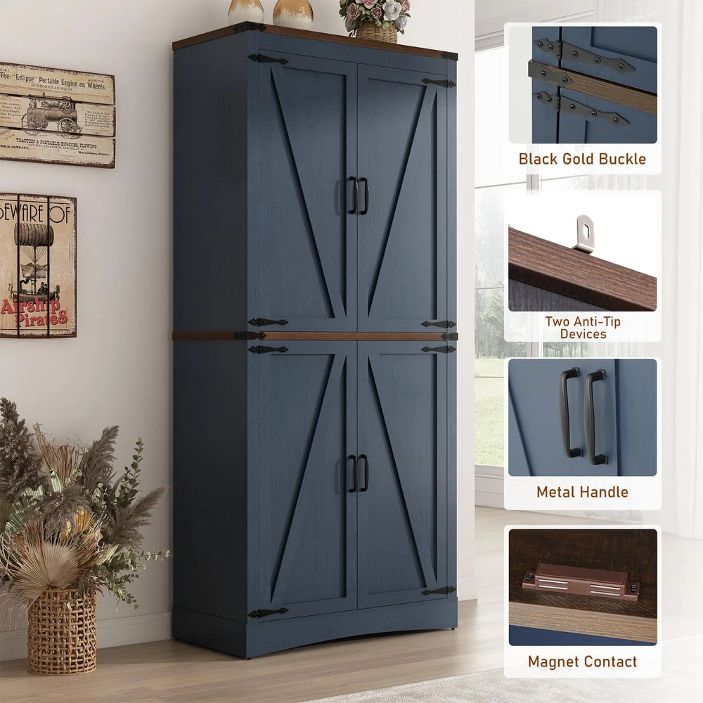 71" Tall Farmhouse Kitchen Pantry Cabinet, 5 Layers Storage Cabinet with Adjustable Shelves, Farmhouse Pantry Cabinet with 4 Barn Doors