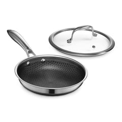 HexClad 8 inch Hybrid Stainless Steel Cookware Frying Pan with Glass Lid, Nonstick