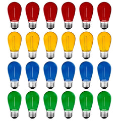 Meconard 24Pack S14 Colored LED String Light Bulbs, 1watt Plastic Shatterproof Waterproof Outdoor Indoor Replacement Bulbs for Home Decor, E26 Medium Base,