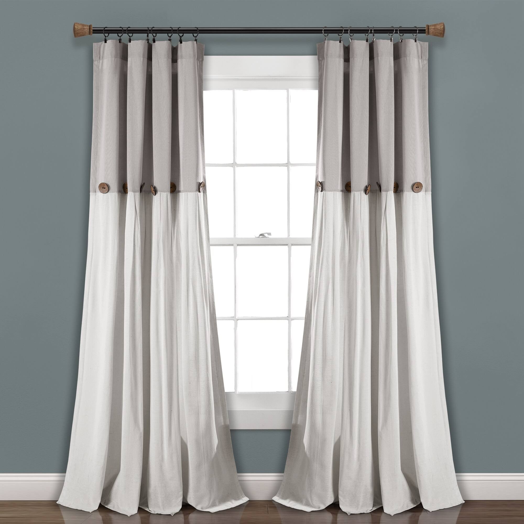 Lush Decor Linen Button Window Curtain Panel - 84", Single, Gray/White