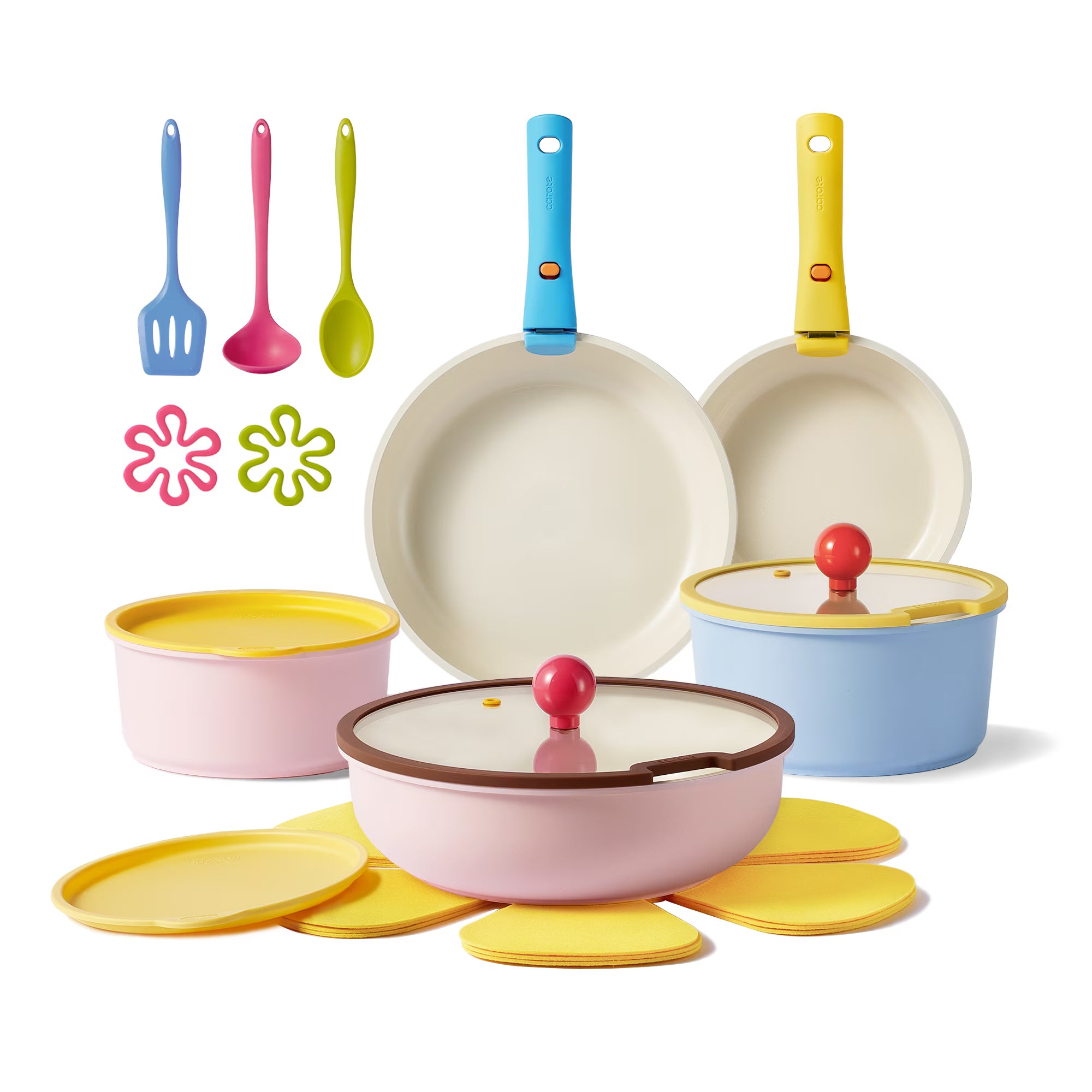 Carote 20 Pcs Ceramic Nonstick Cookware Set, Pots and Pans Set with Detachable Handles, Oven/Dishwasher Safe, Stackable Kitchen Cooking Set, Colorful