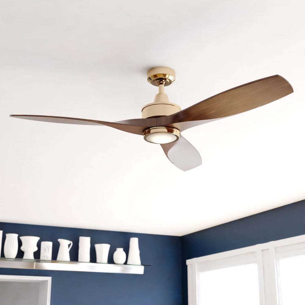 Vaxcel Curtiss Satin Brass Mid - Century Modern MCM Wood Propeller Ceiling Fan with LED Light Kit and Remote