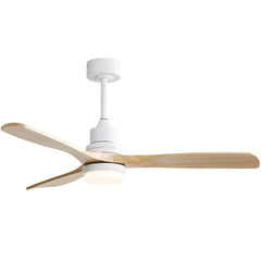52 inch Indoor and Outdoor Downrod Solid Wood Ceiling Fan with Remote,Integrated Light Optional - with Integrated Light - White with Burlywood Blades