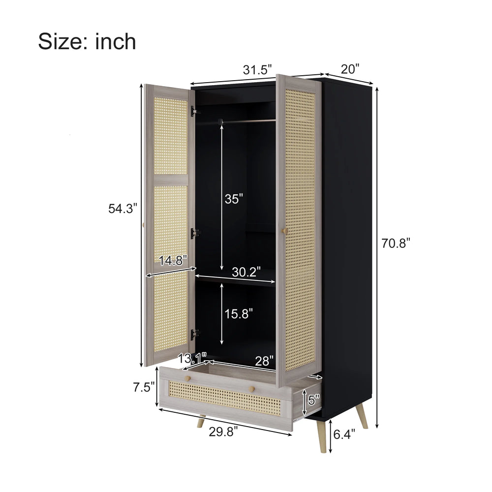 GOMYHOME Accent Cabinet with Rattan Doors & Drawer, Modern Storage Armoire for Living Room, Bedroom, Natural Wood Finish