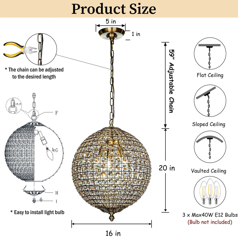 1-Light 12" Retro Antique Gold Crystal Globe Chandelier Small Sphere Pendant Light