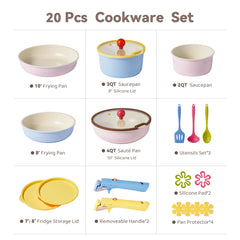 Carote 20 Pcs Ceramic Nonstick Cookware Set, Pots and Pans Set with Detachable Handles, Oven/Dishwasher Safe, Stackable Kitchen Cooking Set, Colorful