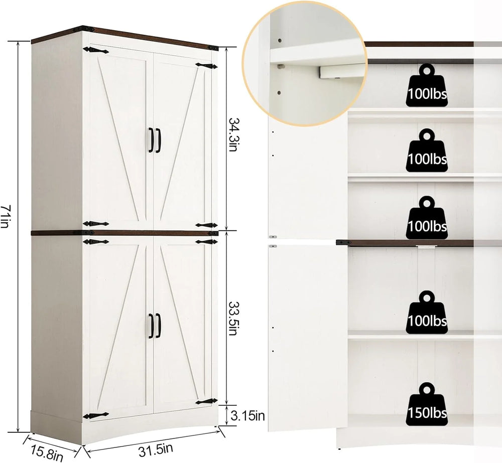 71" Tall Farmhouse Kitchen Pantry Cabinet, 5 Layers Storage Cabinet with Adjustable Shelves, Farmhouse Pantry Cabinet with 4 Barn Doors