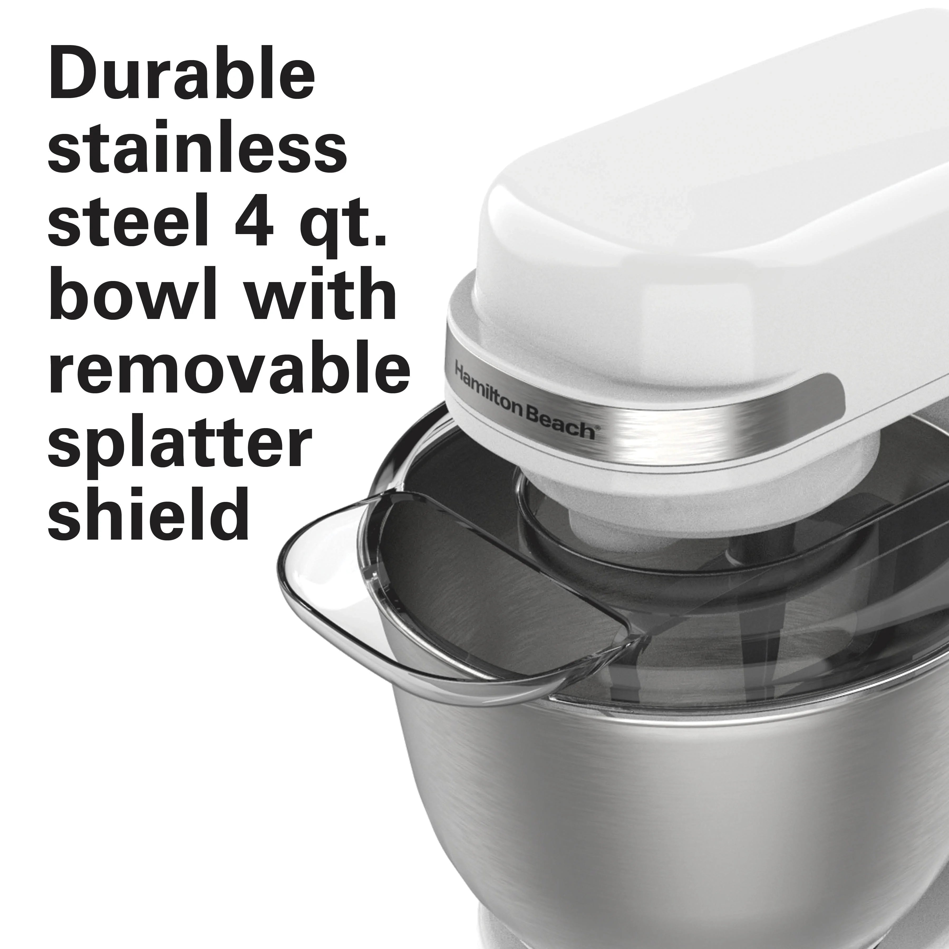 Hamilton Beach 4 Quart Stand Mixer for Kitchen, 7 Speeds, Tilt - Head, Dough Hook, Whisk & Flat Beater, White